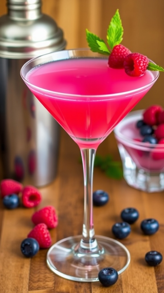 Berry Bliss Martini in a glass with raspberries and blueberries, set on a wooden bar.